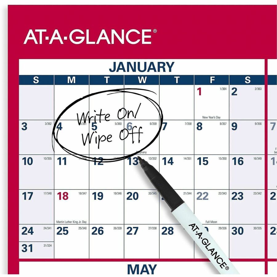 Extra Large - Julian Dates - Yearly - 12 Month - January 2026 to December 2026 - 48" x 32" Sheet Size - White Sheet - 1.25" x 1.88" , 1.63" x 1.63" Block - Red - Laminate - Erasable, Reversible, Write on/Wipe off, Unruled Daily Block - 1 Each