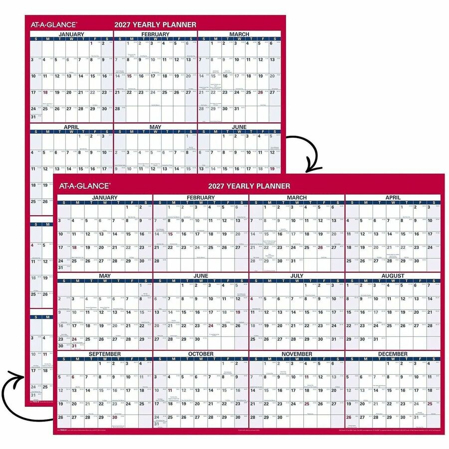 Extra Large - Julian Dates - Yearly - 12 Month - January 2026 to December 2026 - 48" x 32" Sheet Size - White Sheet - 1.25" x 1.88" , 1.63" x 1.63" Block - Red - Laminate - Erasable, Reversible, Write on/Wipe off, Unruled Daily Block - 1 Each