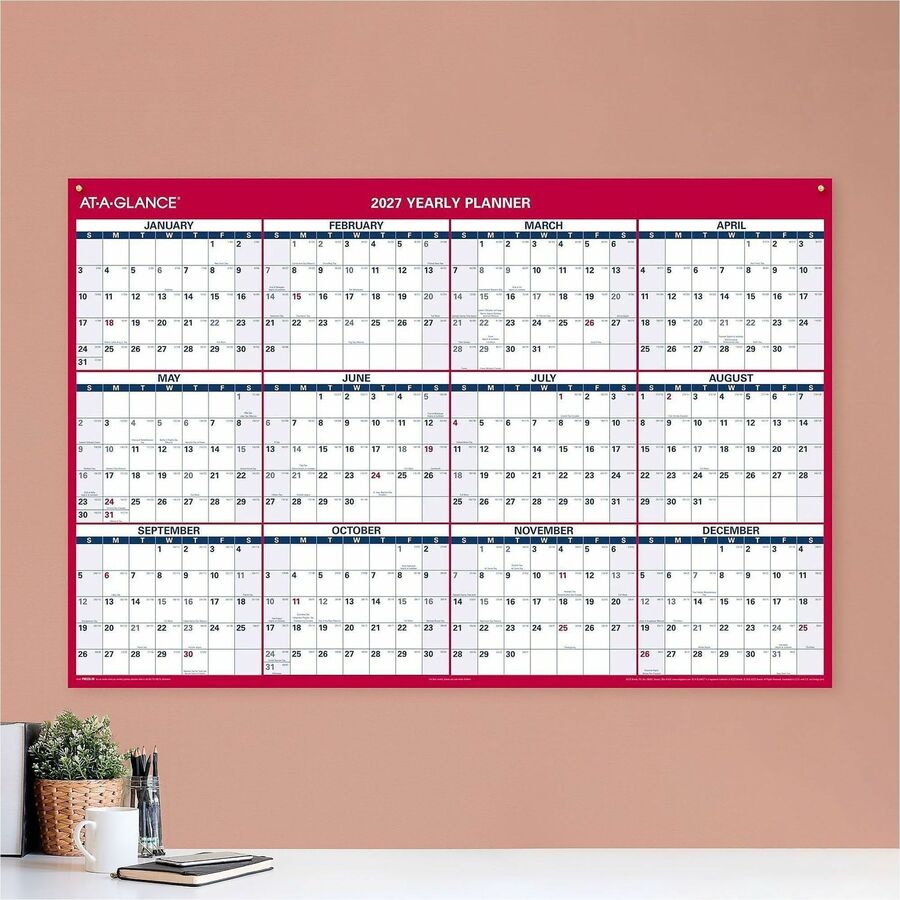 Extra Large - Julian Dates - Yearly - 12 Month - January 2026 to December 2026 - 48" x 32" Sheet Size - White Sheet - 1.25" x 1.88" , 1.63" x 1.63" Block - Red - Laminate - Erasable, Reversible, Write on/Wipe off, Unruled Daily Block - 1 Each