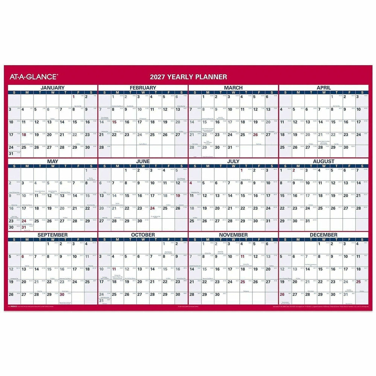 At-A-Glance Vertical Reversible Horizontal Erasable Wall Calendar - Extra Large - Julian Dates - Yearly - 12 Month - January 2027 to December 2027 - 48" x 32" Sheet Size - White Sheet - 1.25" x 1.88" , 1.63" x 1.63" Block - Red - Laminate - 1 Each