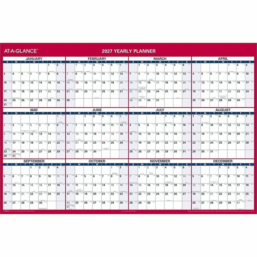 Extra Large - Julian Dates - Yearly - 12 Month - January 2026 to December 2026 - 48" x 32" Sheet Size - White Sheet - 1.25" x 1.88" , 1.63" x 1.63" Block - Red - Laminate - Erasable, Reversible, Write on/Wipe off, Unruled Daily Block - 1 Each