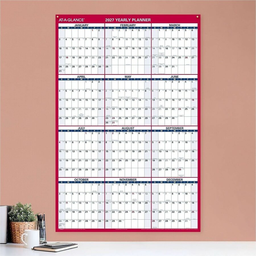 Extra Large - Julian Dates - Yearly - 12 Month - January 2026 to December 2026 - 48" x 32" Sheet Size - White Sheet - 1.25" x 1.88" , 1.63" x 1.63" Block - Red - Laminate - Erasable, Reversible, Write on/Wipe off, Unruled Daily Block - 1 Each