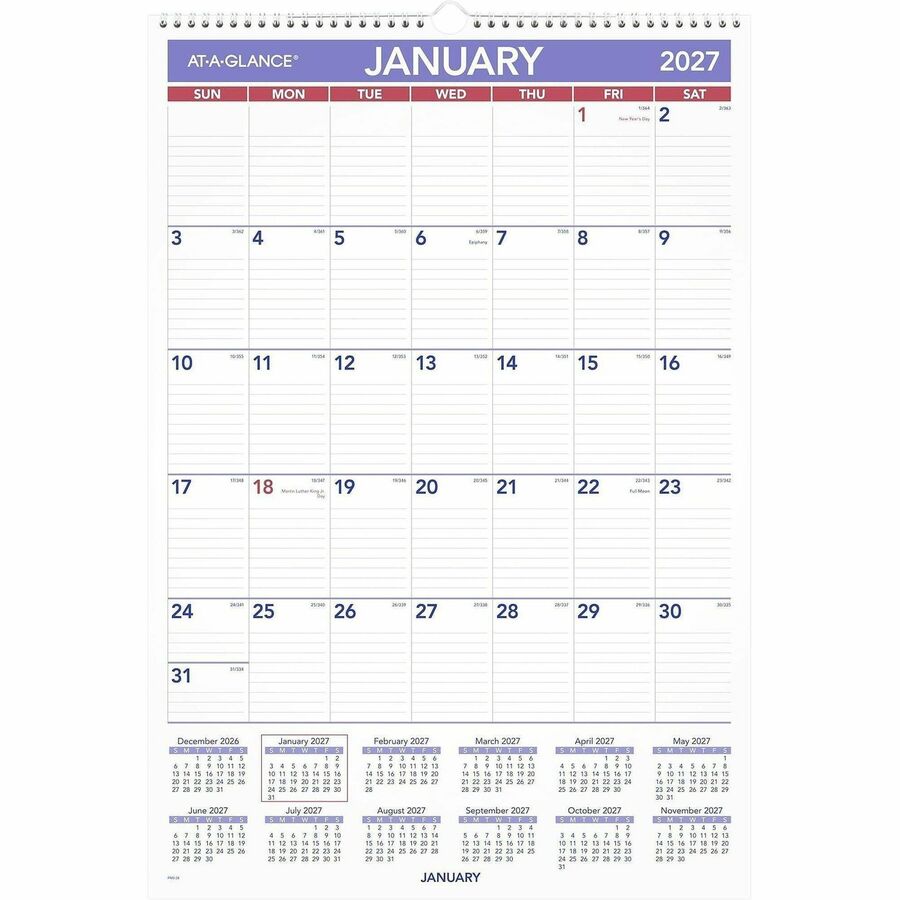 At-A-Glance Wall Calendar, Large, Monthly, January 2026–December 2026, 1 Month Per Page, 15.5" x 22.75", White, Wire Bound, Hanging Loop, 1 Each