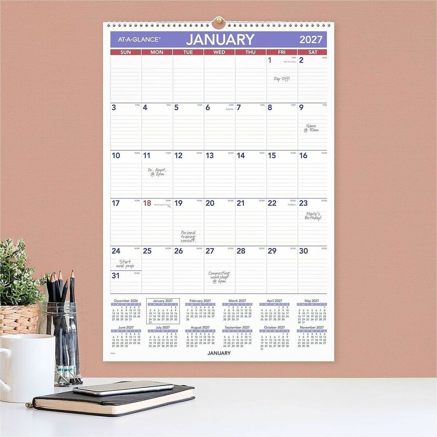 At-A-Glance Wall Calendar, Large, Monthly, January 2026–December 2026, 1 Month Per Page, 15.5" x 22.75", White, Wire Bound, Hanging Loop, 1 Each