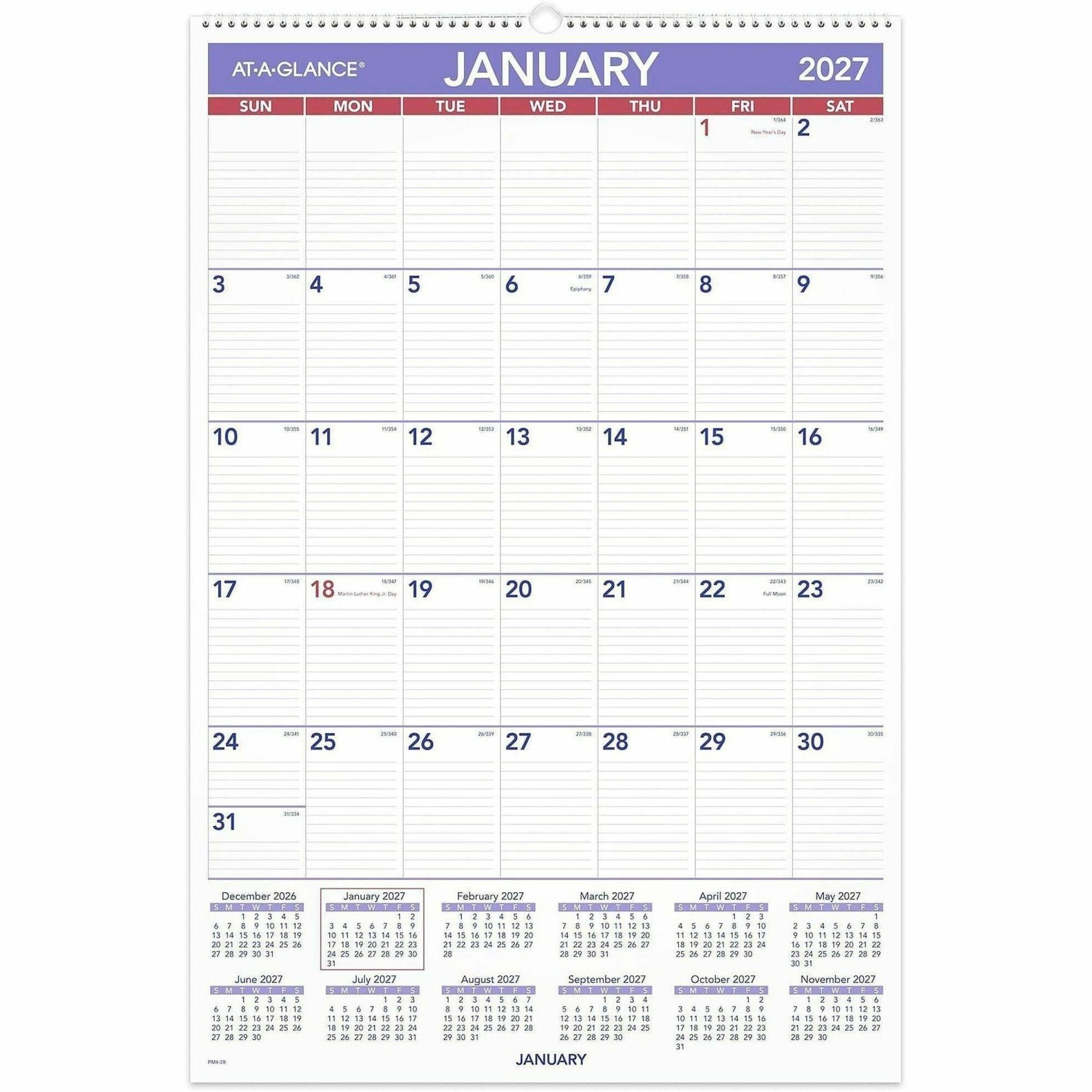 At-A-Glance Wall Calendar, Large, Monthly, 12 Months, January 2026–December 2026, 1 Month Per Page, 20" x 30", White, Wire Bound, Hanging Loop, 1 Each