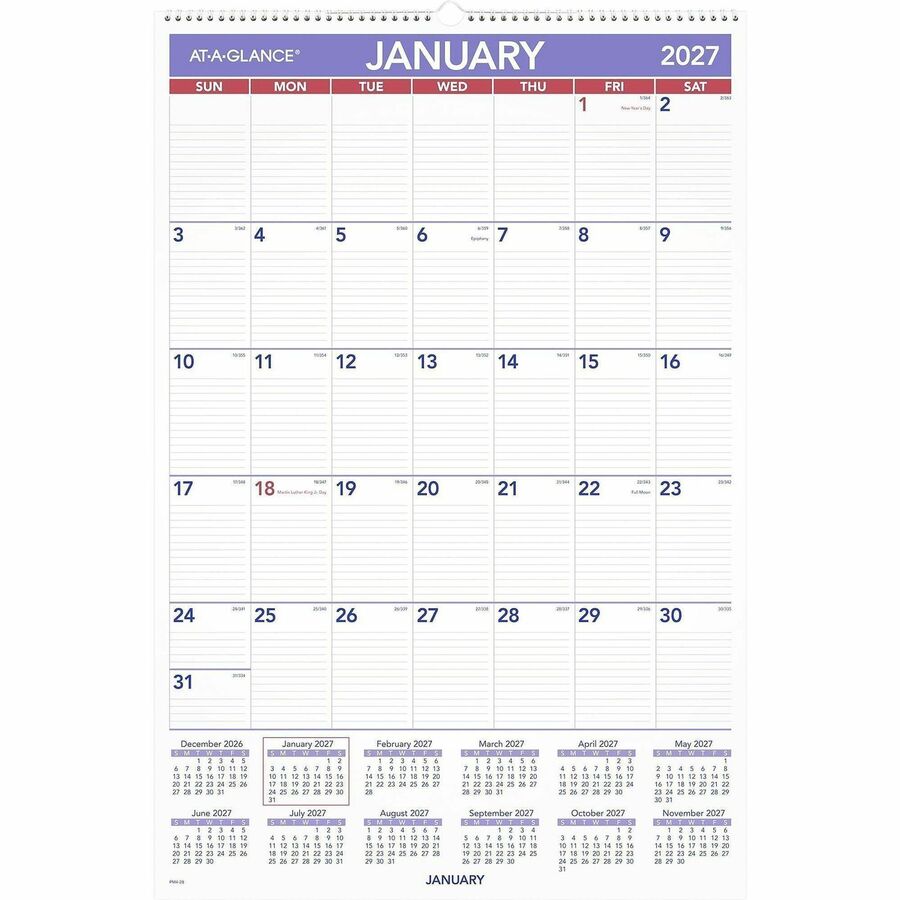 At-A-Glance Wall Calendar, Large, Monthly, 12 Months, January 2026–December 2026, 1 Month Per Page, 20" x 30", White, Wire Bound, Hanging Loop, 1 Each