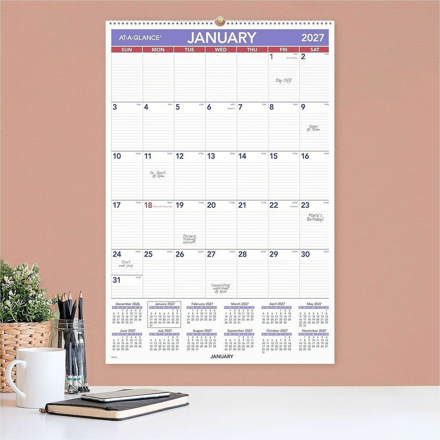 At-A-Glance Wall Calendar, Large, Monthly, 12 Months, January 2026–December 2026, 1 Month Per Page, 20" x 30", White, Wire Bound, Hanging Loop, 1 Each
