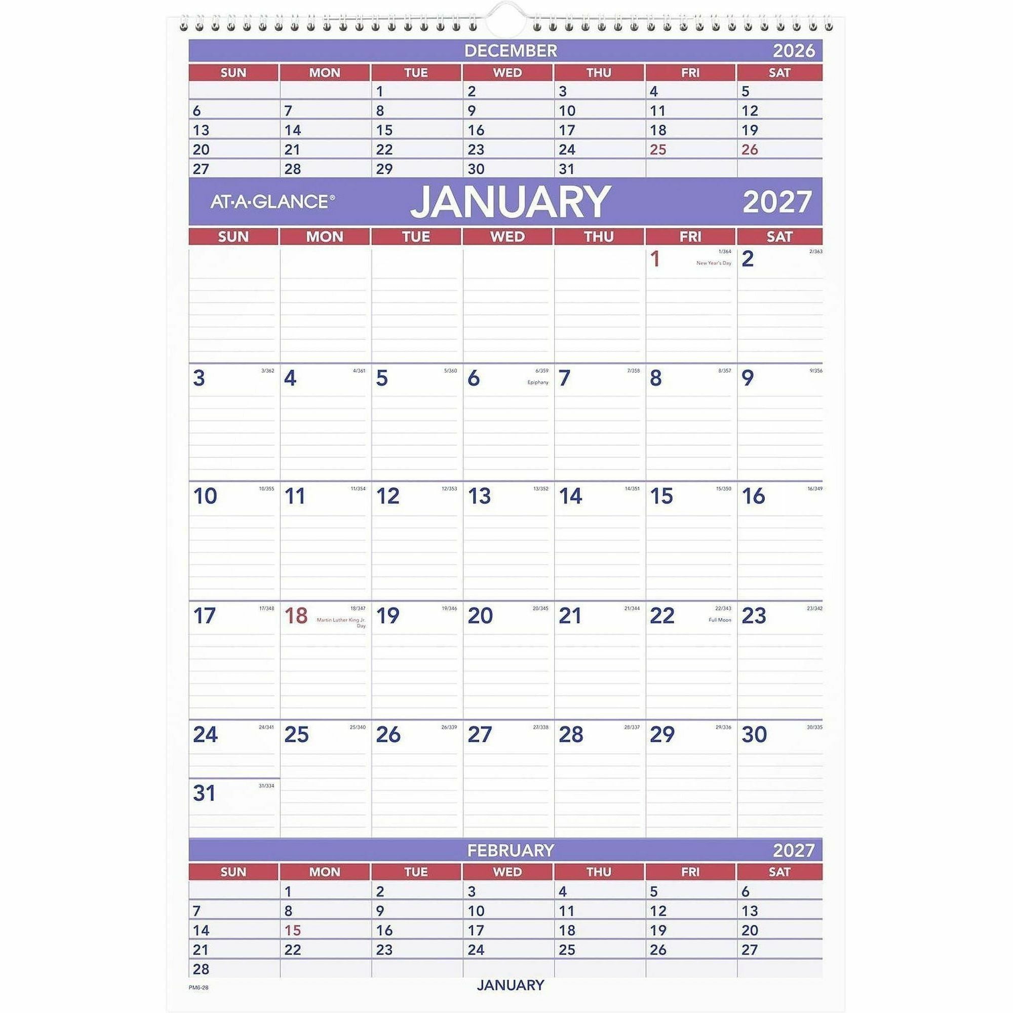At-A-Glance 3-Month Wall Calendar, Large, Monthly, January 2026–December 2026, 15.5" x 22.75", White, Wire Bound, 3-Month Single Page Layout, 2" x 2.5" Blocks, 1 Each