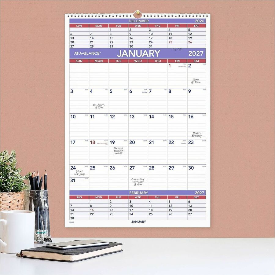 At-A-Glance 3-Month Wall Calendar, Large, Monthly, January 2026–December 2026, 15.5" x 22.75", White, Wire Bound, 3-Month Single Page Layout, 2" x 2.5" Blocks, 1 Each