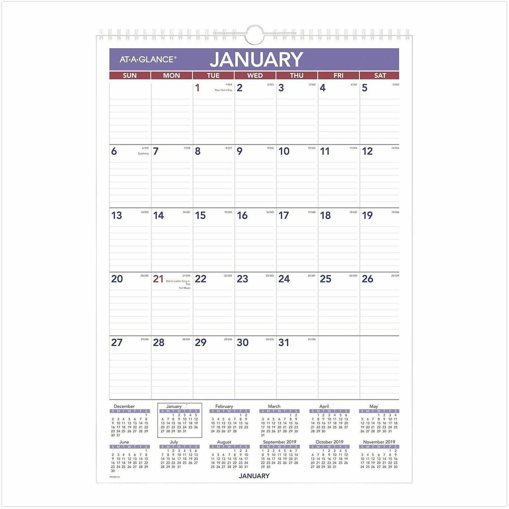 Medium - Julian Dates - Monthly - 12 Month - January 2026 to December 2026 - 1 Month Single Page Layout - 12" x 17" Sheet Size - White Sheet - 1.56" x 2.44" Block - Wire Bound - Blue, White - Laminate - Erasable, Laminated, Hanging Loop - 1 Each