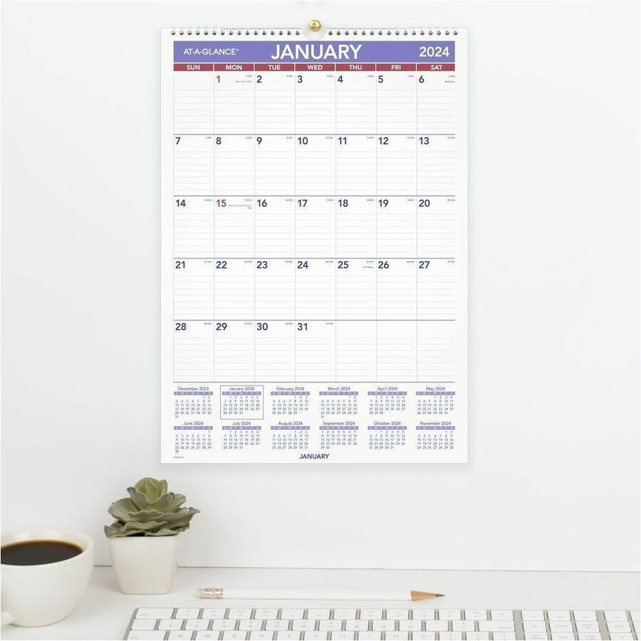 Medium - Julian Dates - Monthly - 12 Month - January 2026 to December 2026 - 1 Month Single Page Layout - 12" x 17" Sheet Size - White Sheet - 1.56" x 2.44" Block - Wire Bound - Blue, White - Laminate - Erasable, Laminated, Hanging Loop - 1 Each