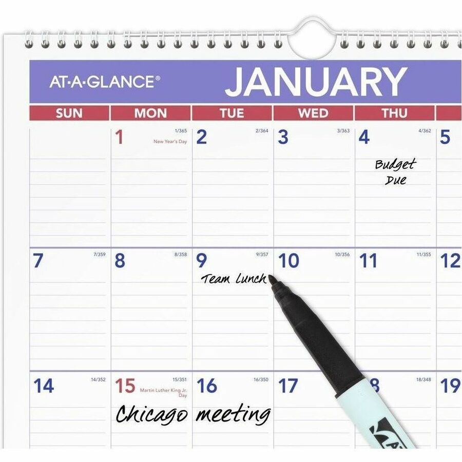 Medium - Julian Dates - Monthly - 12 Month - January 2026 to December 2026 - 1 Month Single Page Layout - 12" x 17" Sheet Size - White Sheet - 1.56" x 2.44" Block - Wire Bound - Blue, White - Laminate - Erasable, Laminated, Hanging Loop - 1 Each