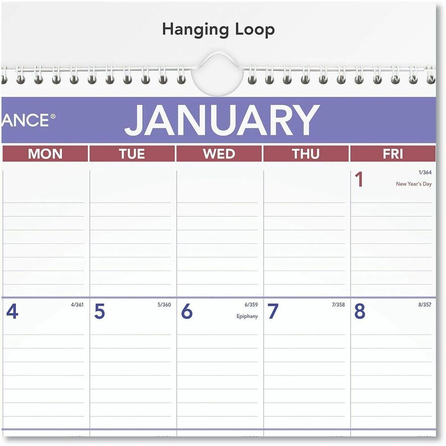 Medium - Julian Dates - Monthly - 12 Month - January 2026 to December 2026 - 1 Month Single Page Layout - 12" x 17" Sheet Size - White Sheet - 1.56" x 2.44" Block - Wire Bound - Blue, White - Laminate - Erasable, Laminated, Hanging Loop - 1 Each