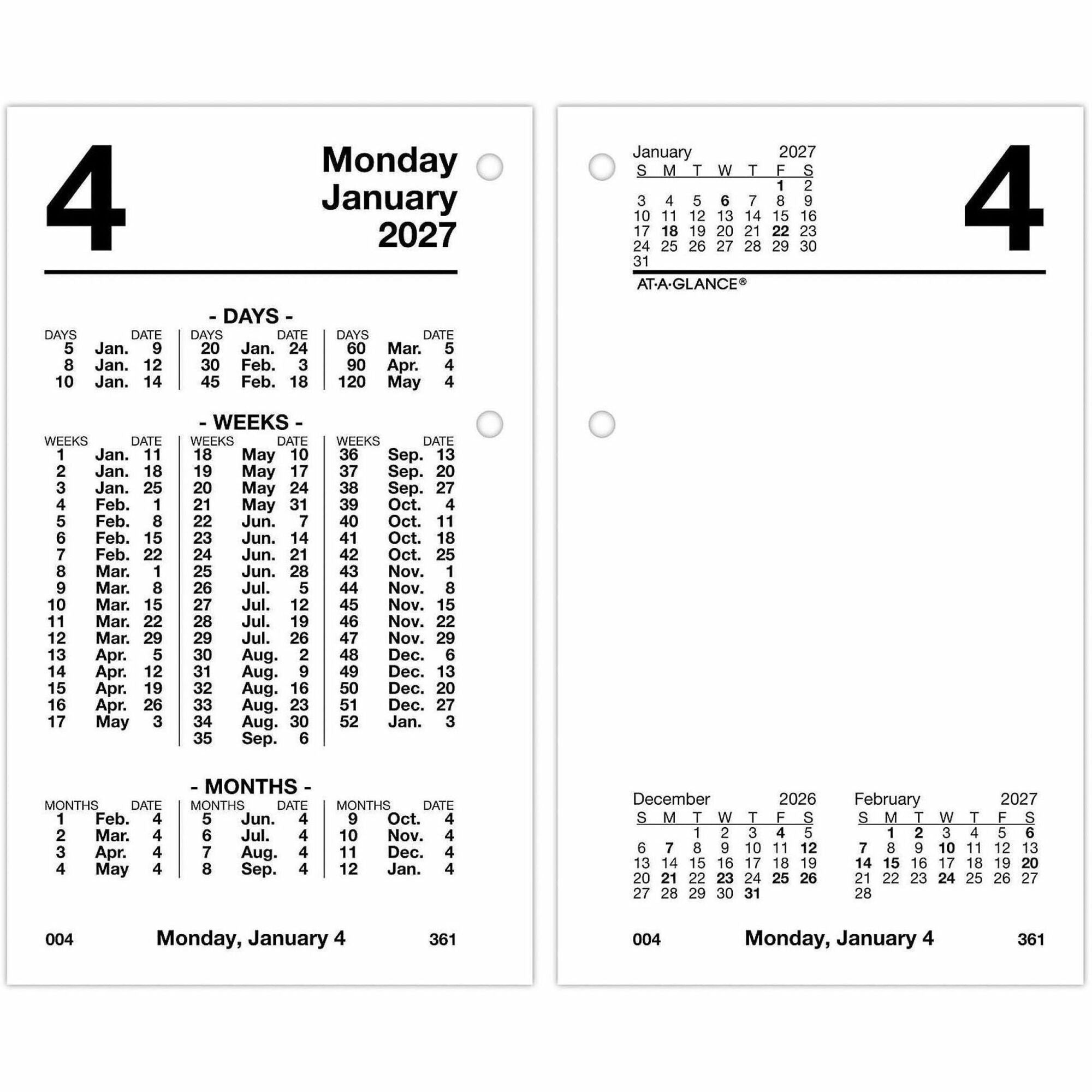 Standard - Julian Dates - Daily - 12 Month - January 2026 to December 2026 - 1 Day Double Page Layout - 3 1/2" x 6" Sheet Size - White Sheet - Desktop - White - Flexible, Reference Calendar - 1 Each
