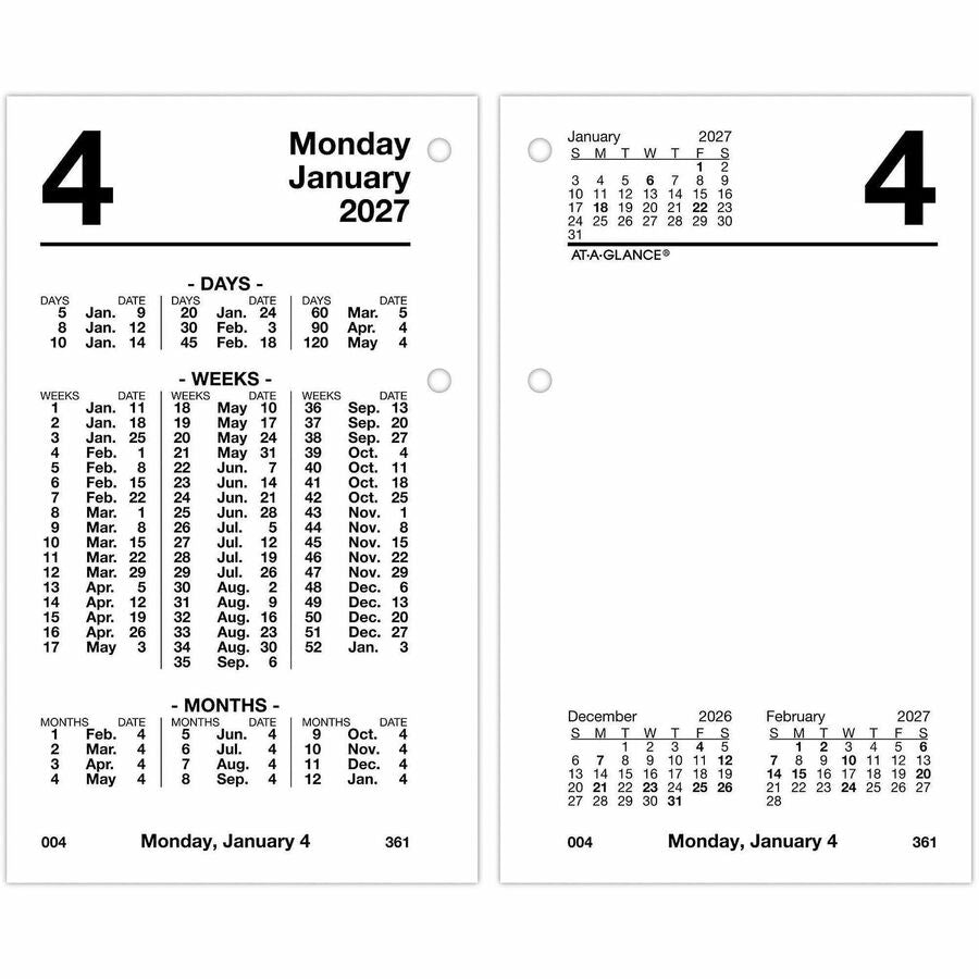 Standard - Julian Dates - Daily - 12 Month - January 2026 to December 2026 - 1 Day Double Page Layout - 3 1/2" x 6" Sheet Size - White Sheet - Desktop - White - Flexible, Reference Calendar - 1 Each