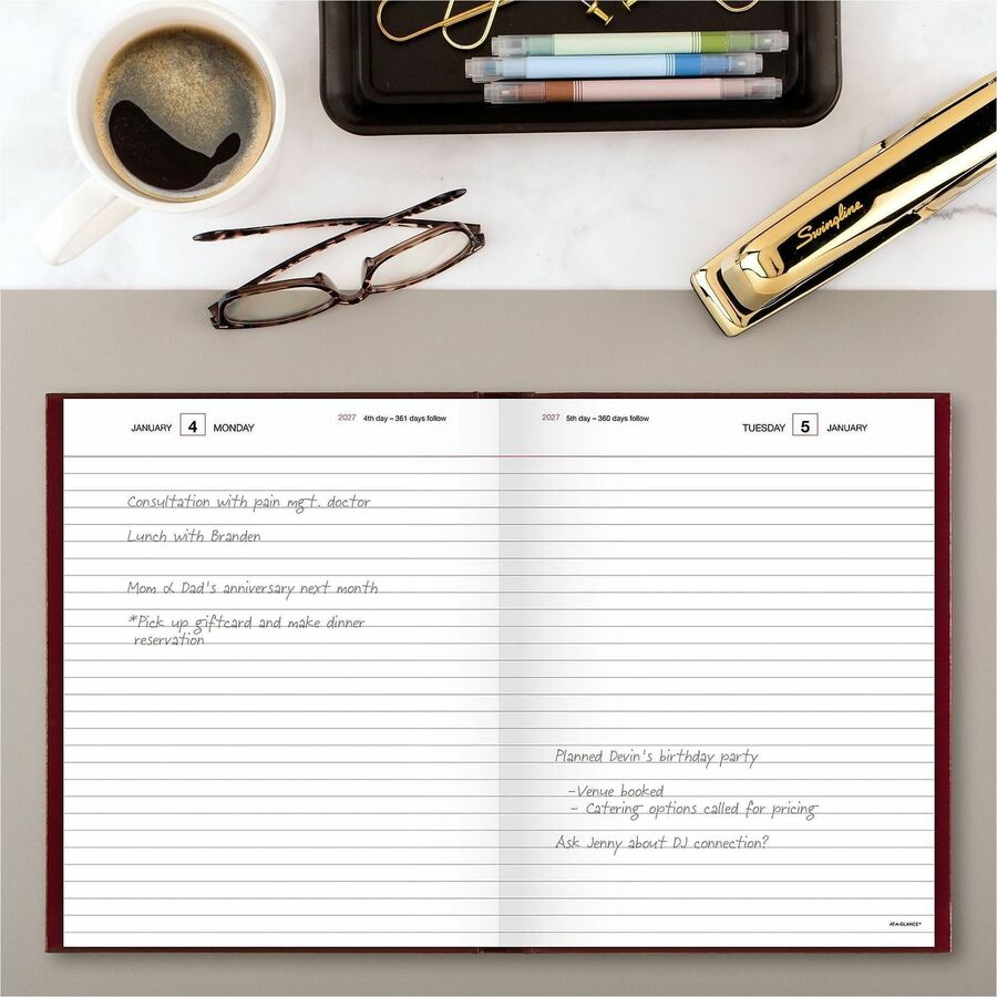 At-A-Glance Standard Diary, Medium, Daily, Julian Dates, 12-Month, January-December 2026, 1 Day Per Page, 7.5" x 9.5", White Pages, Red Vinyl/Faux Leather Cover, Address & Phone Directory, 1 Each