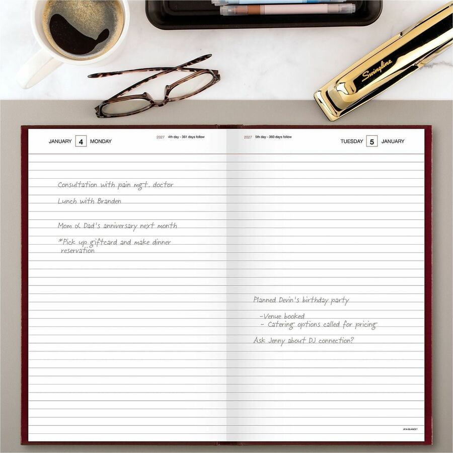 At-A-Glance Standard Diary, Large, Daily, 1 Year (Jan-Dec 2026), 1 Day Per Page, 7 3/4" x 12 1/8", Case Bound, Red Vinyl/Faux Leather Cover, Address & Phone Directory, Ruled, 1 Each