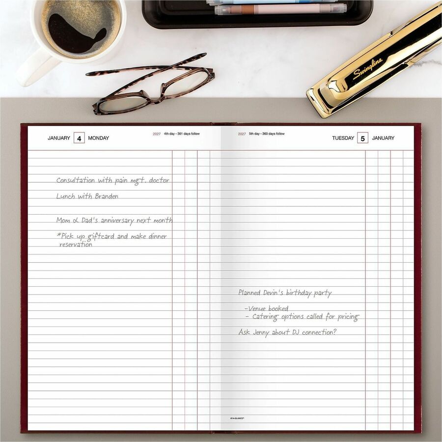 At-A-Glance Standard Diary, Large, Daily, 1 Year (Jan-Dec 2026), 1 Day Per Page, 7 3/4" x 12", White Pages, Case Bound, Red Vinyl/Faux Leather Cover, Address & Phone Directory, 1 Each