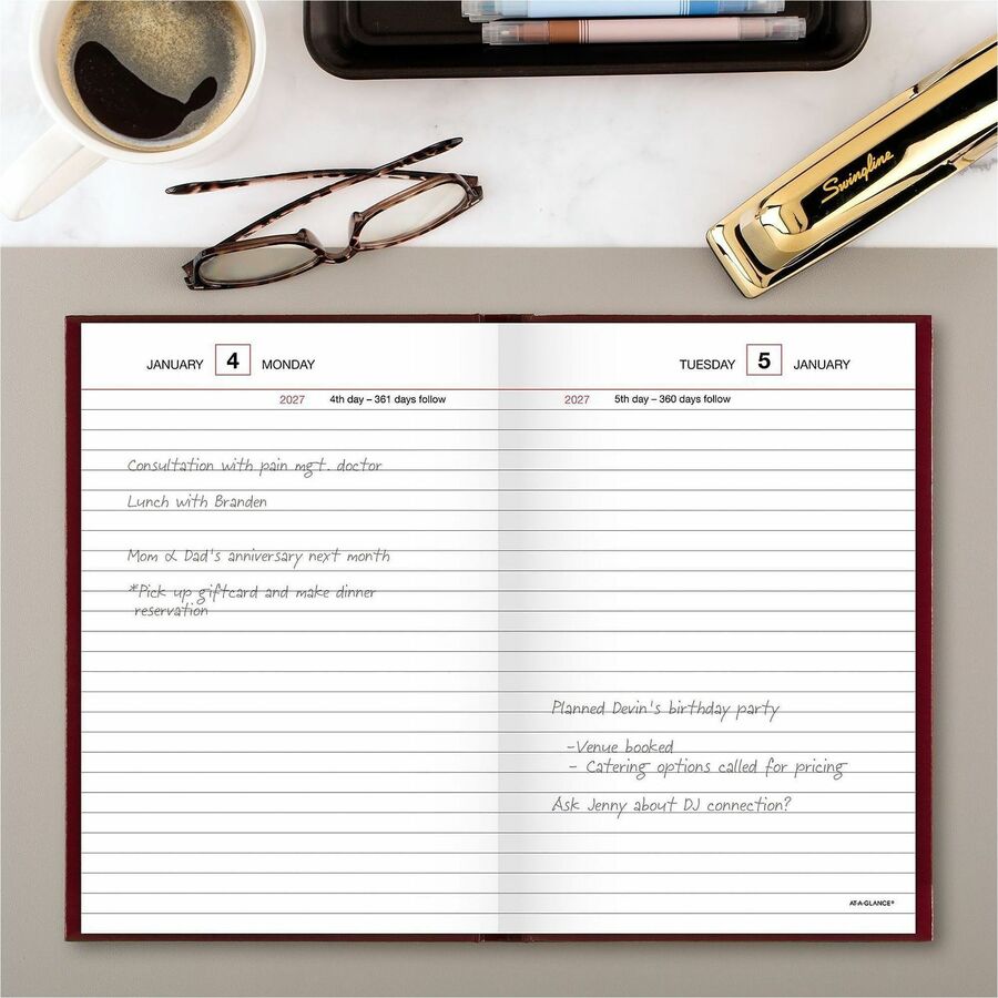 At-A-Glance Standard Diary Reminder, Small, Daily, 12-Month, January-December 2026, 1 Day Per Page, 5 1/2" x 8", Case Bound, Red Vinyl Cover, Address & Phone Directory, Expense Tracking, Ruled, Bleed Resistant, 1 Each