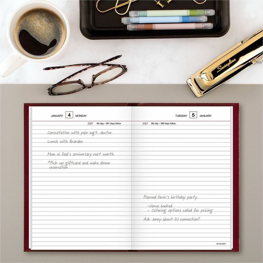 At-A-Glance Standard Diary Reminder, Small, Daily, 12-Month, January 2026–December 2026, 1 Day Per Page, 5 3/4" x 8 1/4", White Pages, Red Vinyl/Faux Leather Cover, 1 Each
