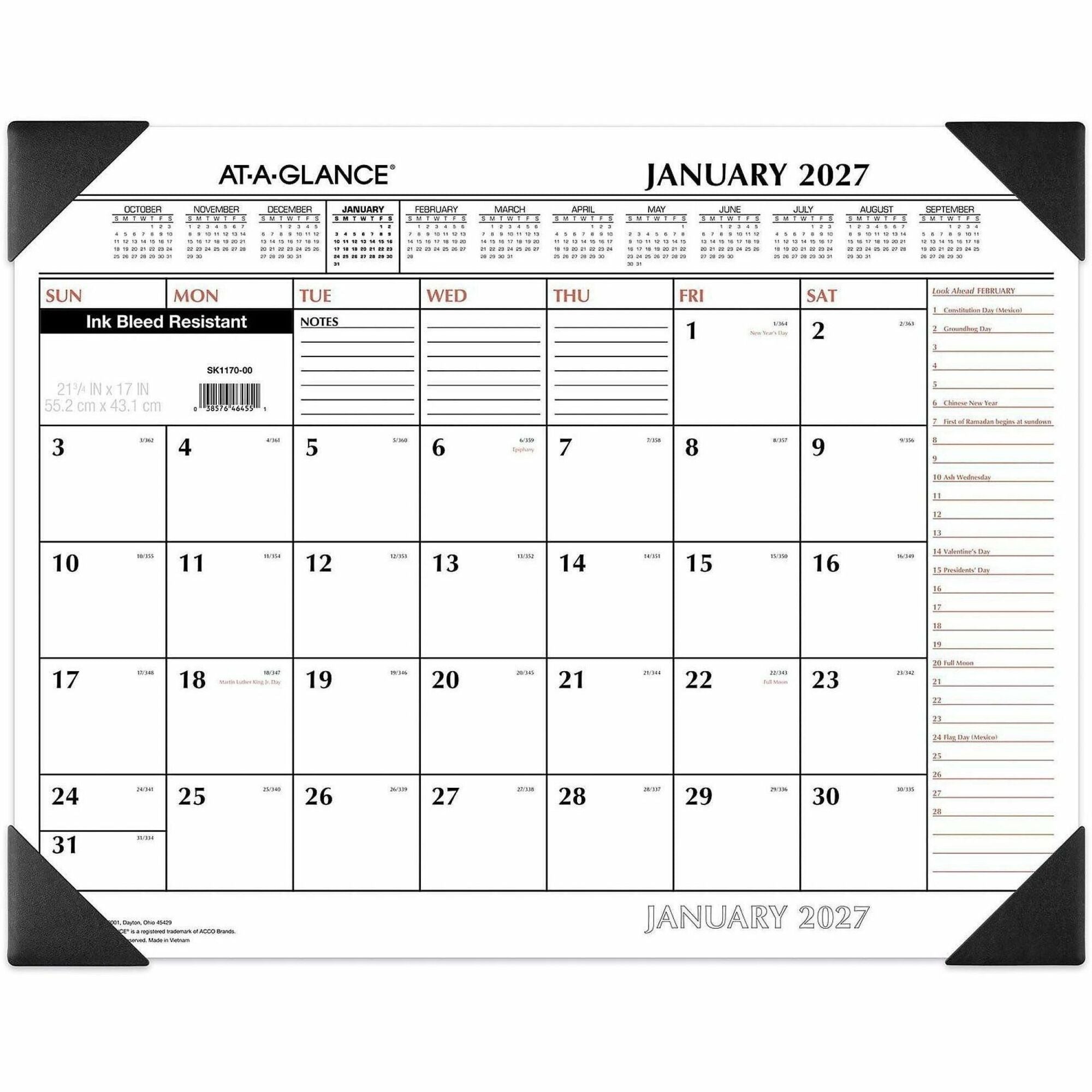At-A-Glance 2-Color Desk Pad Calendar, Extra Large, 12-Month, January 2026–December 2026, 21 3/4" x 17", 1 Each, Black, Poly/Laminate, Erasable, Reversible, Julian Dates, Unruled Daily Blocks