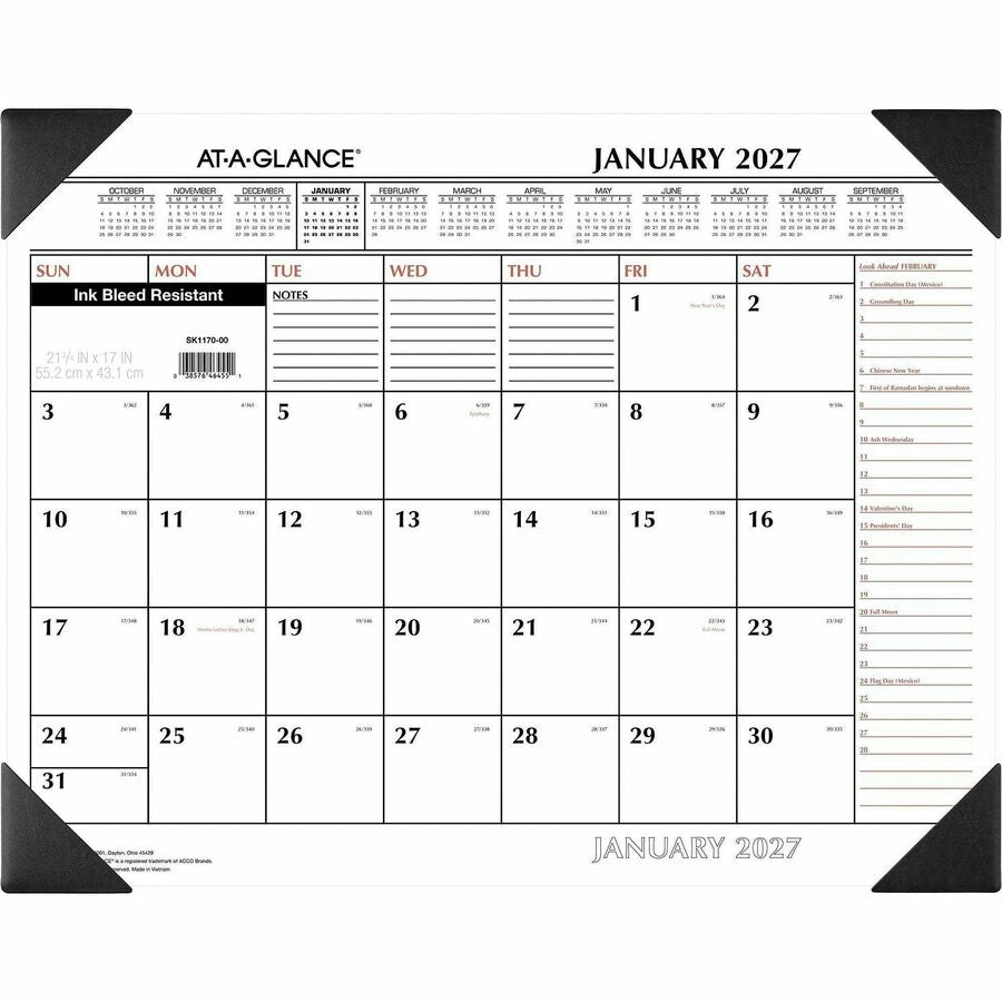 At-A-Glance 2-Color Desk Pad Calendar, Extra Large, 12-Month, January 2026–December 2026, 21 3/4" x 17", 1 Each, Black, Poly/Laminate, Erasable, Reversible, Julian Dates, Unruled Daily Blocks