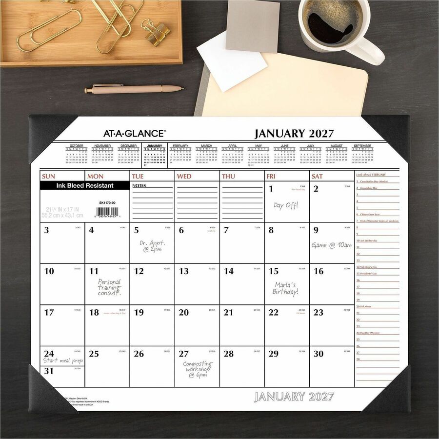 At-A-Glance 2-Color Desk Pad Calendar, Extra Large, 12-Month, January 2026–December 2026, 21 3/4" x 17", 1 Each, Black, Poly/Laminate, Erasable, Reversible, Julian Dates, Unruled Daily Blocks