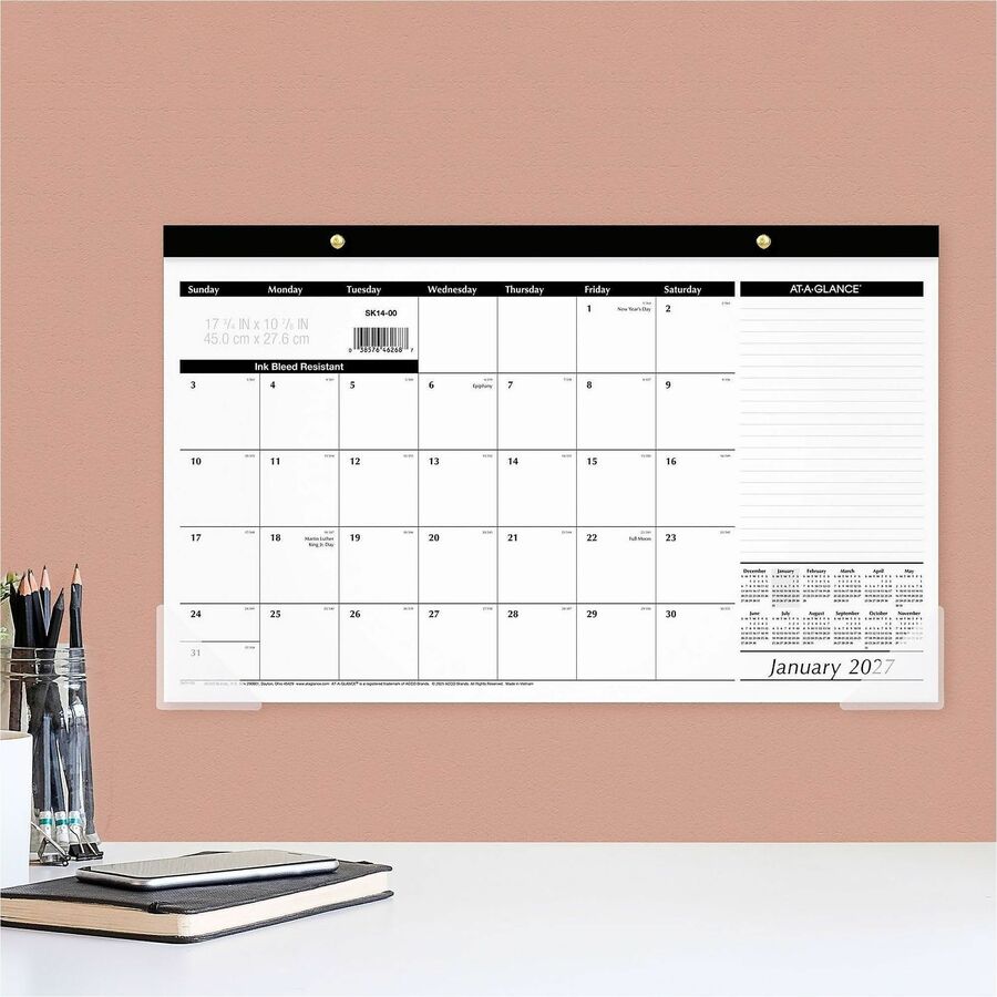 At-A-Glance Desk Pad Calendar, Monthly, January 2026–December 2026, 17 3/4" x 11", White Sheets, Black Headband, Compact, Bleed Resistant, 1 Each