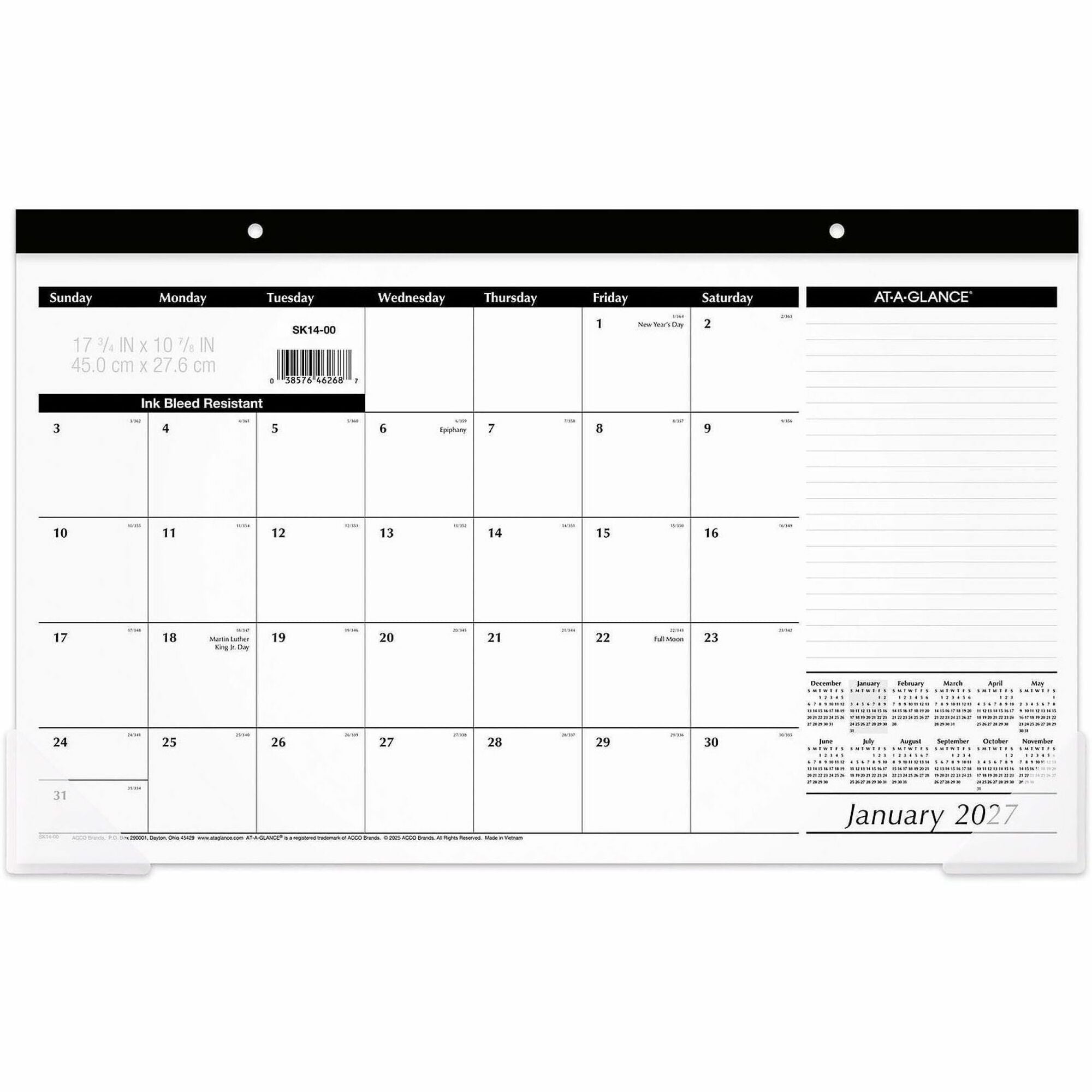 At-A-Glance Desk Pad Calendar, Monthly, January 2026–December 2026, 17 3/4" x 11", White Sheets, Black Headband, Compact, Bleed Resistant, 1 Each