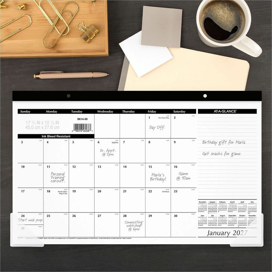 At-A-Glance Desk Pad Calendar, Monthly, January 2026–December 2026, 17 3/4" x 11", White Sheets, Black Headband, Compact, Bleed Resistant, 1 Each