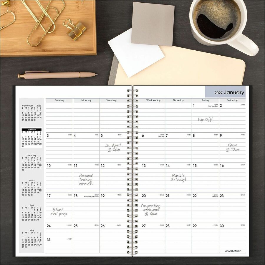 At-A-Glance DayMinderPlanner - Large - Julian Dates - Monthly - 14 Month - December 2025 to January 2027 - 1 Month Double Page Layout - 8" x 12" Sheet Size - White Sheet - Wire Bound - Black - Simulated Leather, Faux Leather - 1 Each