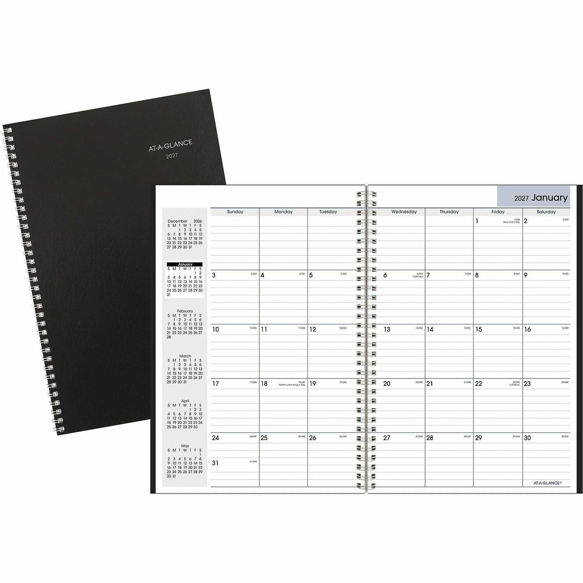 At-A-Glance DayMinderPlanner - Large - Julian Dates - Monthly - 14 Month - December 2025 to January 2027 - 1 Month Double Page Layout - 8" x 12" Sheet Size - White Sheet - Wire Bound - Black - Simulated Leather, Faux Leather - 1 Each