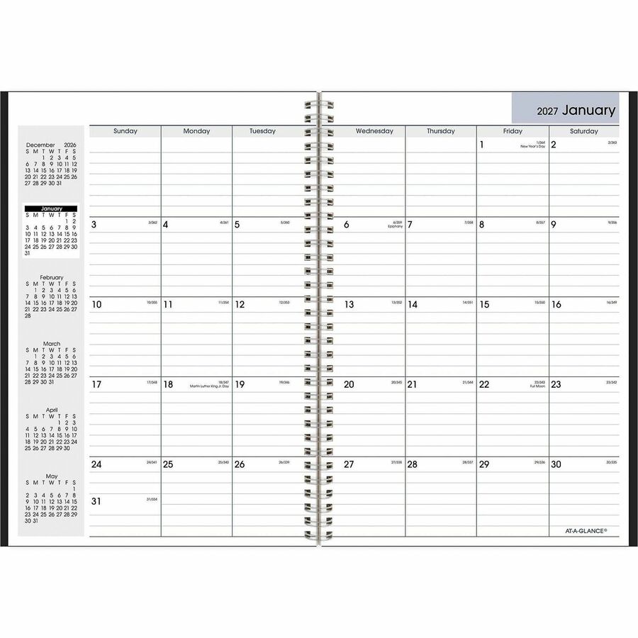 At-A-Glance DayMinderPlanner - Large - Julian Dates - Monthly - 14 Month - December 2025 to January 2027 - 1 Month Double Page Layout - 8" x 12" Sheet Size - White Sheet - Wire Bound - Black - Simulated Leather, Faux Leather - 1 Each