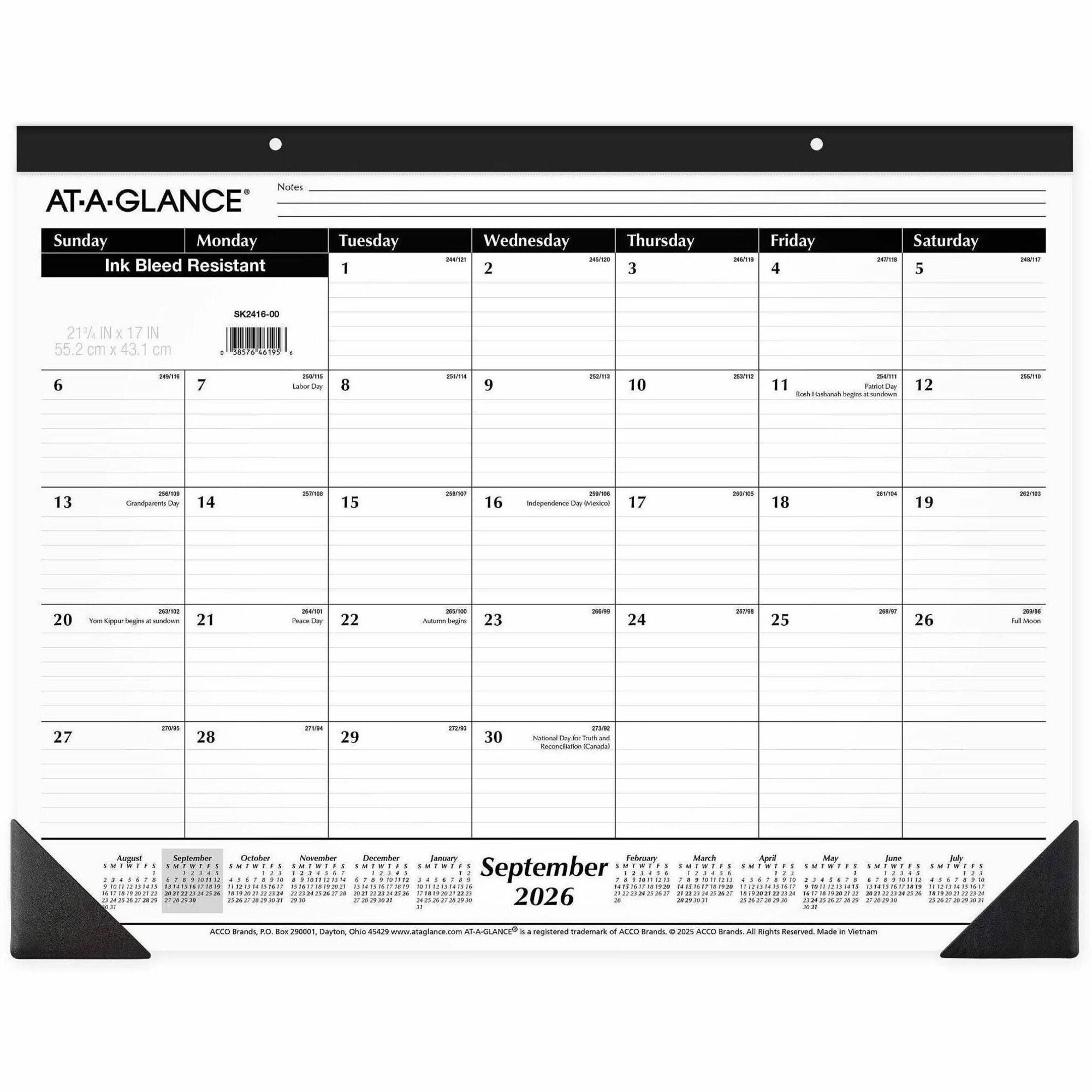Academic - Julian Dates - Monthly - 16 Month - September 2025 to December 2026 - 1 Month Single Page Layout - 22" x 17" Sheet Size - White Sheet - 2.88" x 2.38" Block - Headband - Desk Pad - Poly, Paper - Black Cover - 17.1" Height x 21.8" Width - 1 Each