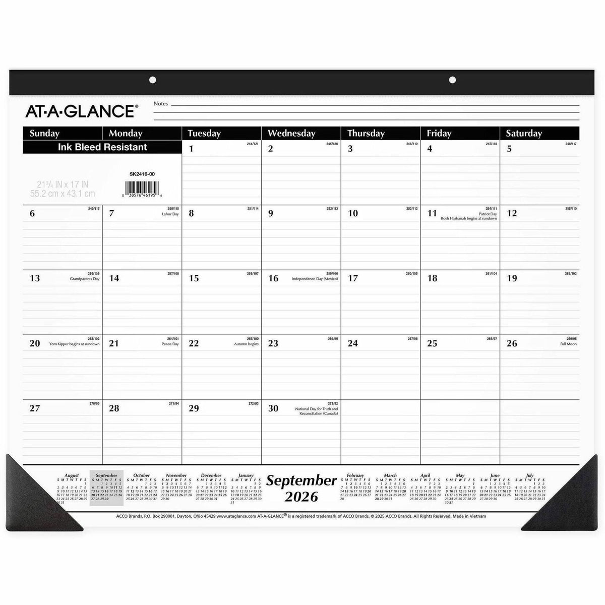 At-A-Glance 16-Month Monthly Desk Pad Calendar, September 2026-December 2027, 22" x 17", Julian Dates, One Month per Page, 2.88" x 2.38" Daily Blocks, White Pages, Black Cover