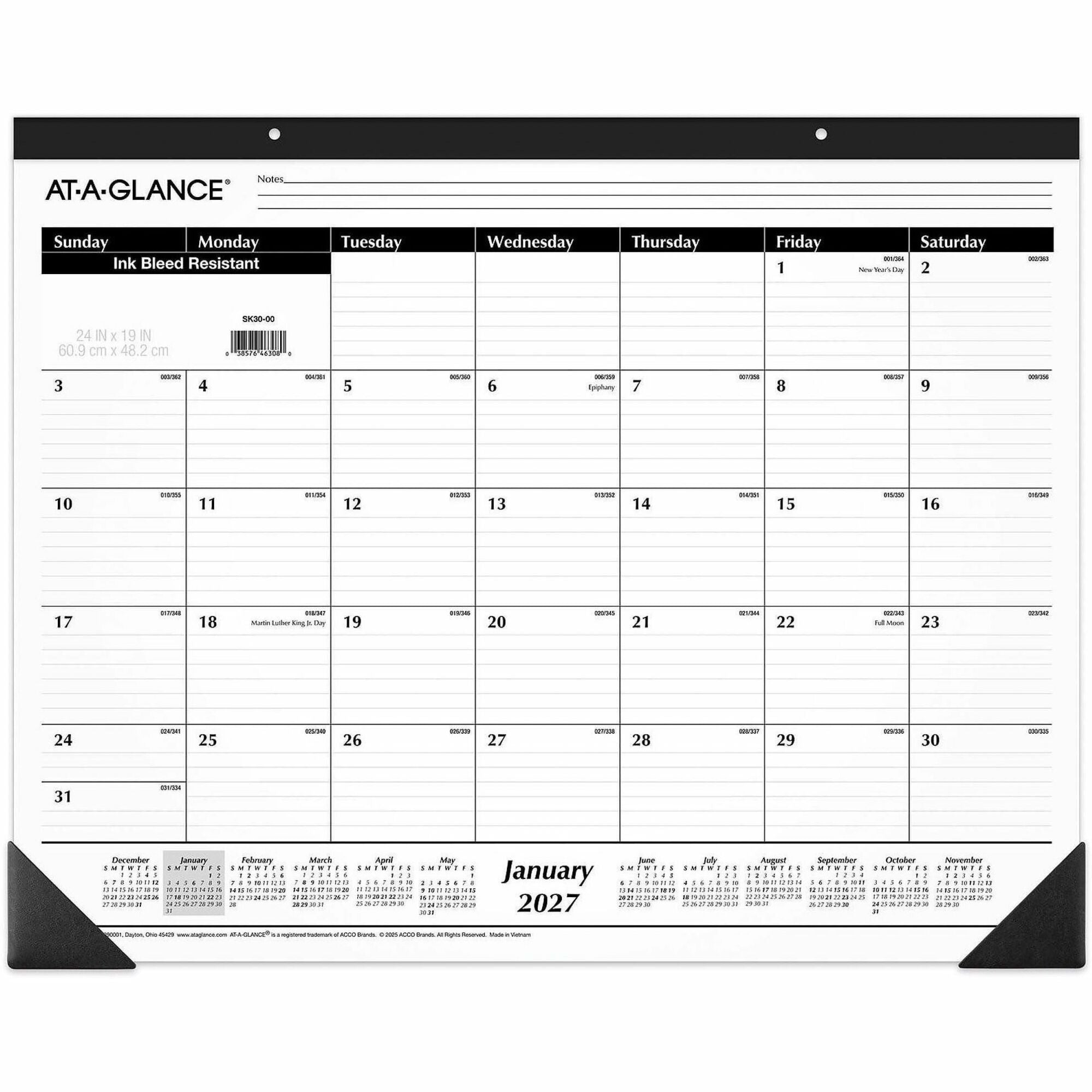 Large - Julian Dates - Monthly - 12 Month - January 2026 to December 2026 - 1 Month Single Page Layout - 24" x 19" Sheet Size - White Sheet - Headband - Desktop - White - Paper - Ruled Daily Block - 1 Each