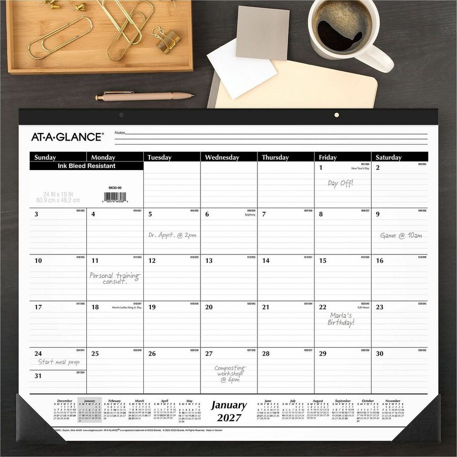 Large - Julian Dates - Monthly - 12 Month - January 2026 to December 2026 - 1 Month Single Page Layout - 24" x 19" Sheet Size - White Sheet - Headband - Desktop - White - Paper - Ruled Daily Block - 1 Each