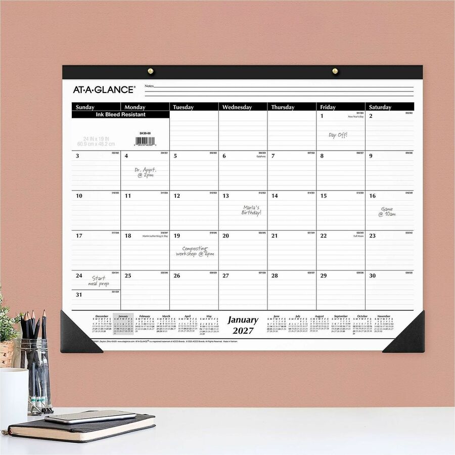 Large - Julian Dates - Monthly - 12 Month - January 2026 to December 2026 - 1 Month Single Page Layout - 24" x 19" Sheet Size - White Sheet - Headband - Desktop - White - Paper - Ruled Daily Block - 1 Each
