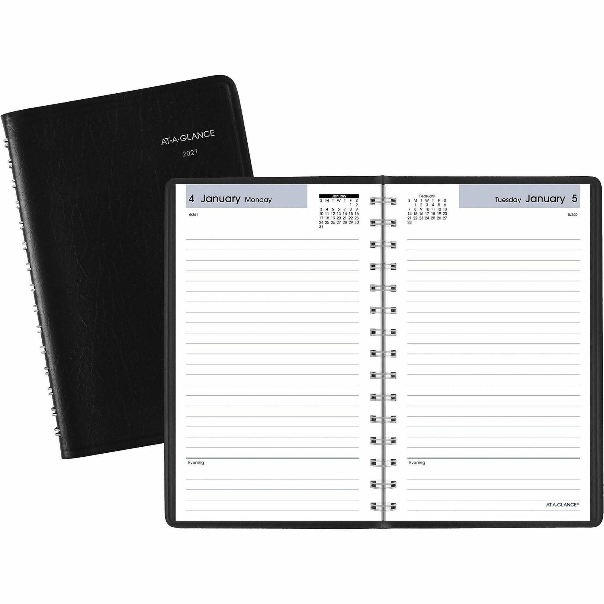 Small - Julian Dates - Daily - 12 Month - January 2026 to December 2026 - 1 Day Single Page Layout - 5" x 8" Sheet Size - White Sheet - Wire Bound - Leather - Simulated Leather, Paper, Faux Leather - Black Cover - 8" Height x 5" Width - Ruled - 1 Each