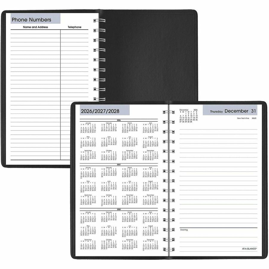 Small - Julian Dates - Daily - 12 Month - January 2026 to December 2026 - 1 Day Single Page Layout - 5" x 8" Sheet Size - White Sheet - Wire Bound - Leather - Simulated Leather, Paper, Faux Leather - Black Cover - 8" Height x 5" Width - Ruled - 1 Each