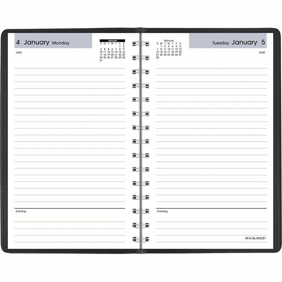 Small - Julian Dates - Daily - 12 Month - January 2026 to December 2026 - 1 Day Single Page Layout - 5" x 8" Sheet Size - White Sheet - Wire Bound - Leather - Simulated Leather, Paper, Faux Leather - Black Cover - 8" Height x 5" Width - Ruled - 1 Each