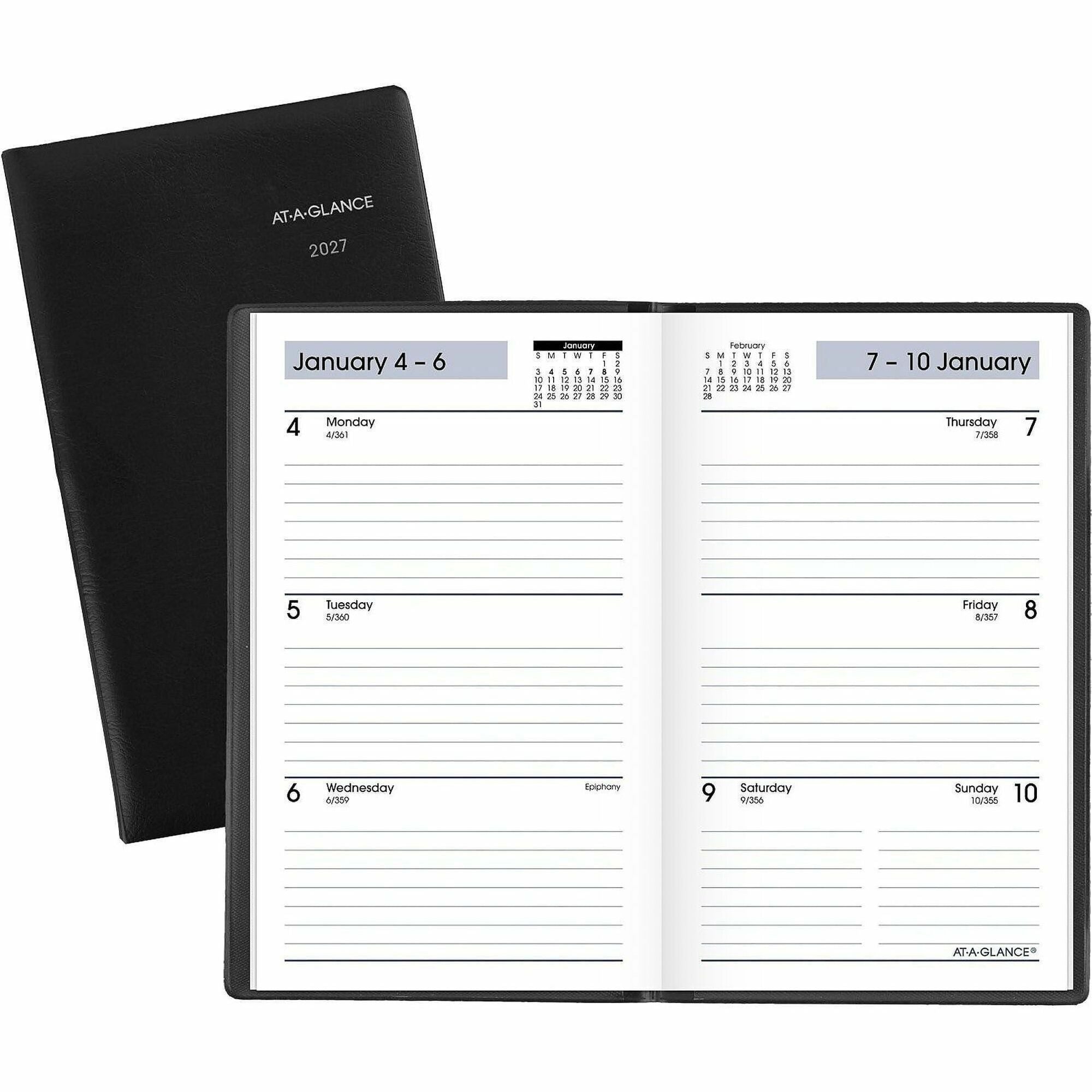 Pocket - Julian Dates - Weekly - 12 Month - January 2026 to December 2026 - 1 Week Double Page Layout - 3 1/2" x 6" Sheet Size - White Sheet - Stapled - Paper, Poly - Black Cover - Ruled Daily Block - 1 Each