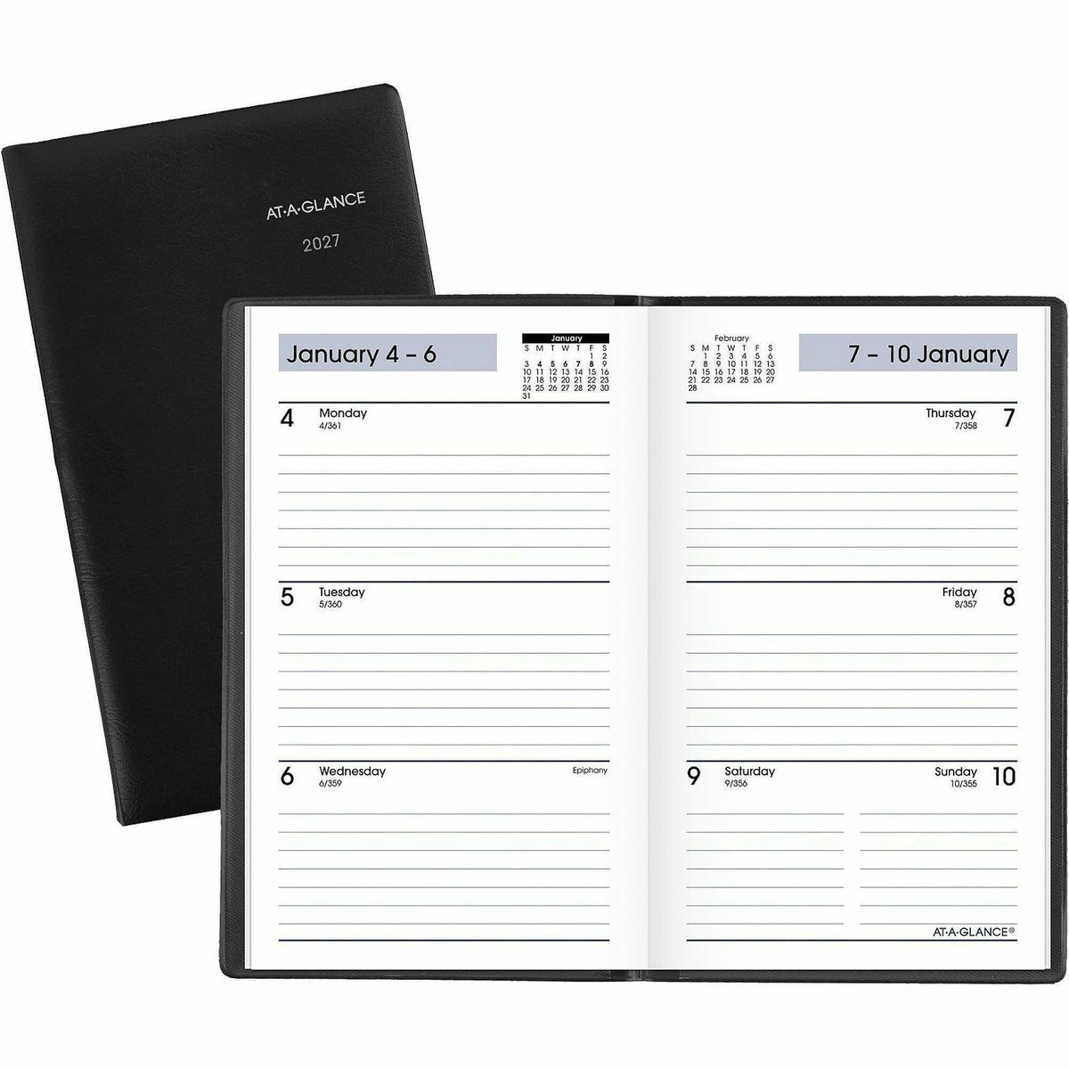 At-A-Glance Weekly Planner, Black, Pocket, 3 1/2" x 6" - Pocket - Julian Dates - Weekly - 12 Month - January 2027 to December 2027 - 1 Week Double Page Layout - 3 1/2" x 6" Sheet Size - White Sheet - Stapled - Paper, Poly - Black Cover - 1 Each