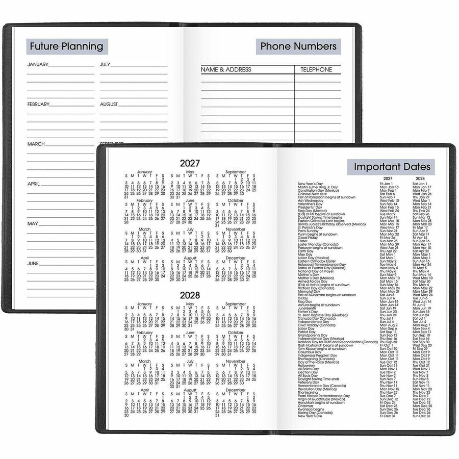 Pocket - Julian Dates - Weekly - 12 Month - January 2026 to December 2026 - 1 Week Double Page Layout - 3 1/2" x 6" Sheet Size - White Sheet - Stapled - Paper, Poly - Black Cover - Ruled Daily Block - 1 Each
