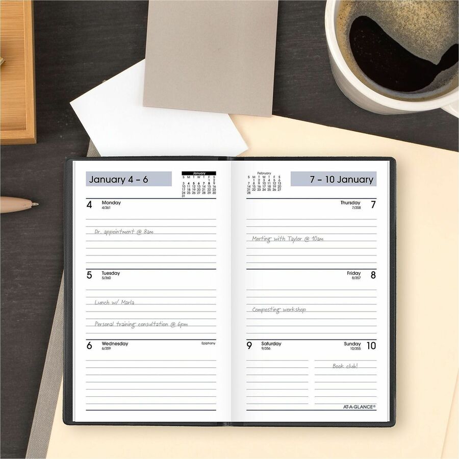 Pocket - Julian Dates - Weekly - 12 Month - January 2026 to December 2026 - 1 Week Double Page Layout - 3 1/2" x 6" Sheet Size - White Sheet - Stapled - Paper, Poly - Black Cover - Ruled Daily Block - 1 Each