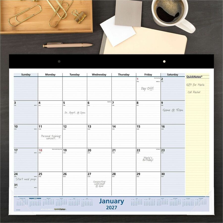 Standard - Julian Dates - Monthly - 13 Month - January 2026 to January 2027 - 1 Month Single Page Layout - 22" x 17" Sheet Size - White Sheet - 2.50" x 2.50" Block - Headband - Desktop - Blue, Yellow, White - Poly, Paper - 1 Each