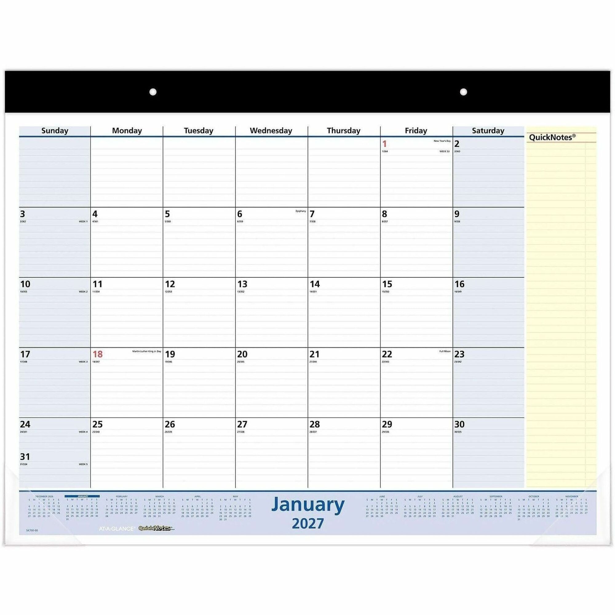 Standard - Julian Dates - Monthly - 13 Month - January 2026 to January 2027 - 1 Month Single Page Layout - 22" x 17" Sheet Size - White Sheet - 2.50" x 2.50" Block - Headband - Desktop - Blue, Yellow, White - Poly, Paper - 1 Each