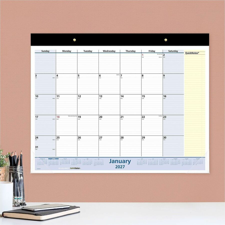 Standard - Julian Dates - Monthly - 13 Month - January 2026 to January 2027 - 1 Month Single Page Layout - 22" x 17" Sheet Size - White Sheet - 2.50" x 2.50" Block - Headband - Desktop - Blue, Yellow, White - Poly, Paper - 1 Each