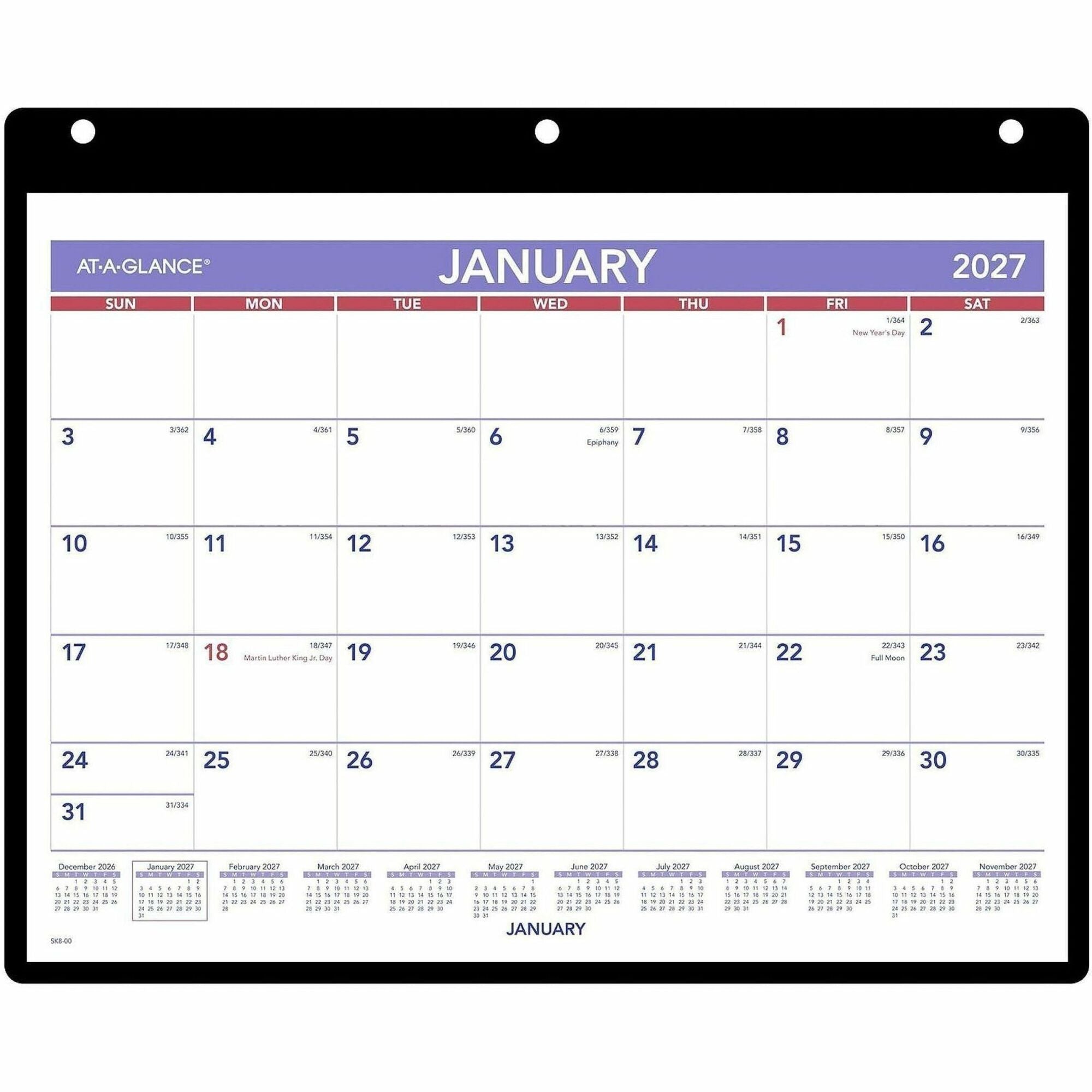 Small - Julian Dates - Monthly - 12 Month - January 2026 to December 2026 - 1 Month Single Page Layout - 11" x 8" Sheet Size - White Sheet - Desktop - Wall Mount - Blue, White, Purple - Poly, Paper - Holder, Unruled Daily Block - 1 Each