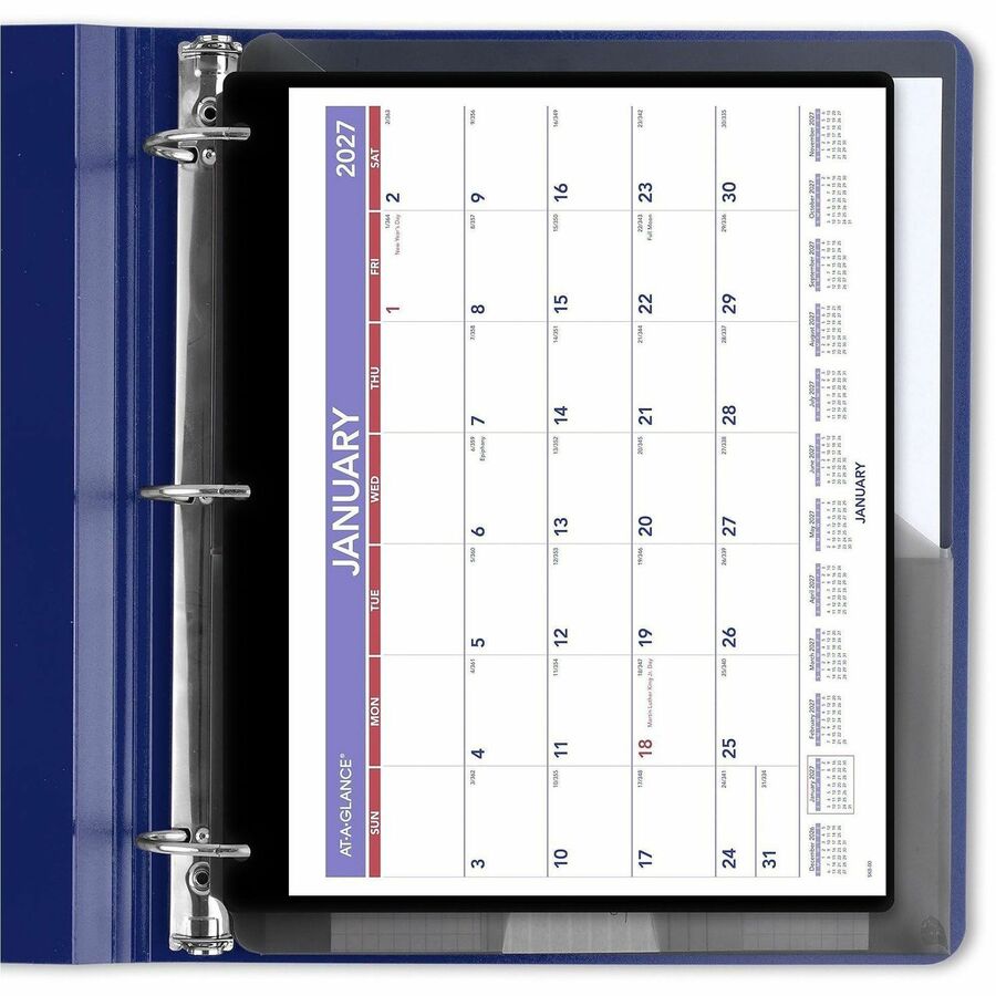 Small - Julian Dates - Monthly - 12 Month - January 2026 to December 2026 - 1 Month Single Page Layout - 11" x 8" Sheet Size - White Sheet - Desktop - Wall Mount - Blue, White, Purple - Poly, Paper - Holder, Unruled Daily Block - 1 Each